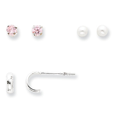 Sterling Silver 3 Pair Set CZ, Cultured Pear & Hoop Earrings