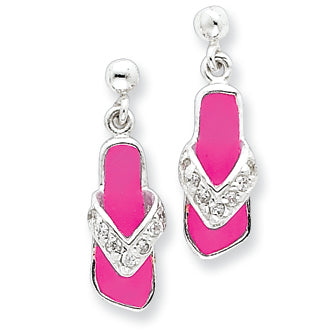 Sterling Silver Pink Enameled & CZ Flip Flop Post Earrings