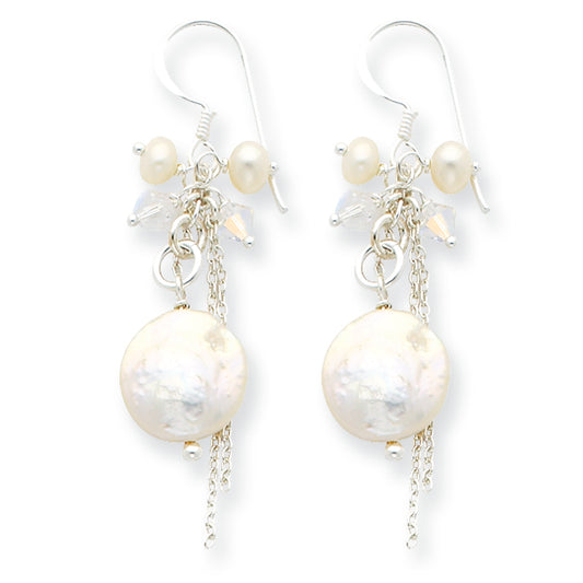 Sterling Silver FW Cultured Coin Pearl & Aurora Borealis Crystal Earrings