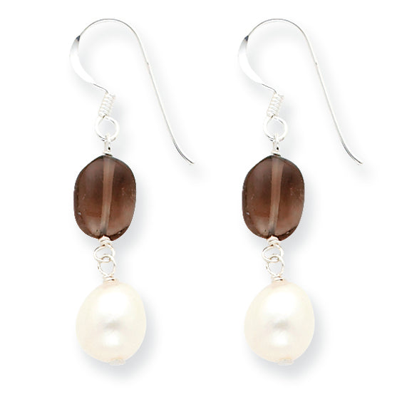 Sterling Silver White Freshwater Cultured Pearl/Smokey Quartz Earrings