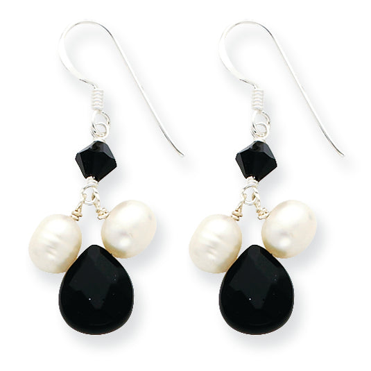 Sterling Silver Onyx/FW Cultured White Pearl/Black Crystal Earrings