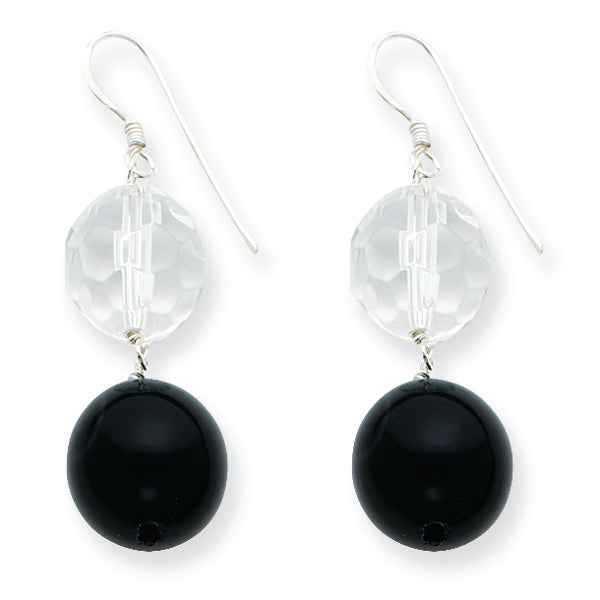 Sterling Silver 11mm Faceted Clear Crystal & 14mm Onyx Bead Earrings