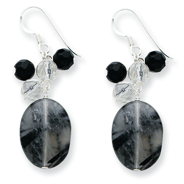 Sterling Silver Black Agate/Crystal/Tourmalinated Qtz Earrings