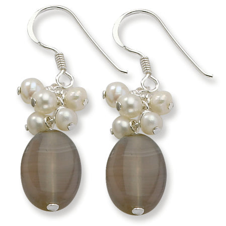 Sterling Silver Botswana Agate & White Cultured Pearl Antiqued Earrings