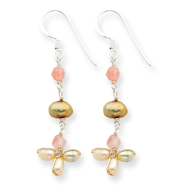 Sterling Silver Cherry Quartz/Golden & Peach Cultured Pearl Earrings