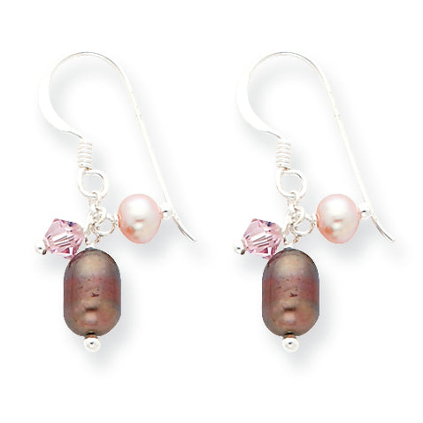 Sterling Silver Amethyst/Brown&Pink Cult. Pearl/Lt Purple Crystal Earrings
