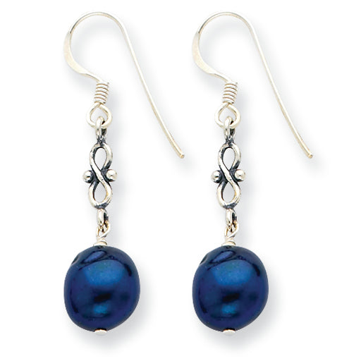 Sterling Silver Dark Blue Cultured Pearl Antiqued Earrings