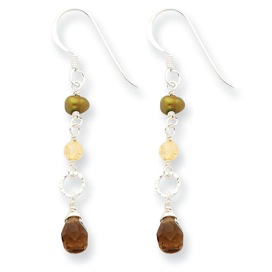 Sterling Silver FW Cultured Pearl/Smokey Quartz/Yellow Jade Earrings