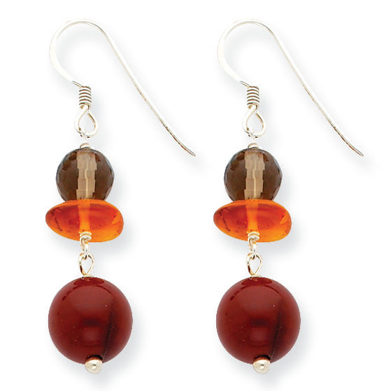 Sterling Silver Amber/Carnelian/Smokey Quartz Earrings
