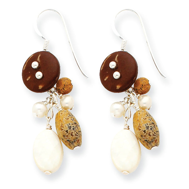 Sterling Silver Coconut Shell/White Cultured Pearl/Picture Jasper Earrings