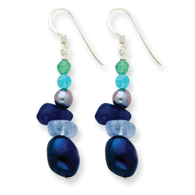 Sterling Silver Aventurine/Blue Quartz/Freshwater Cultured Pearl Earrings