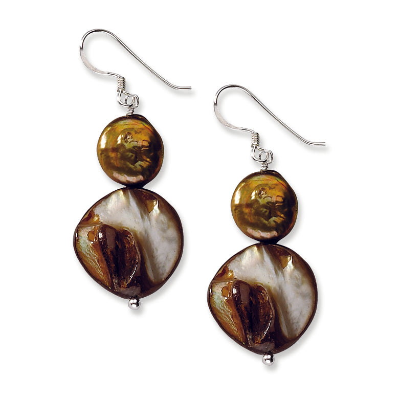 Sterling Silver Golden Brown Mother of Pearl & FW Cultured Pearl Earrings