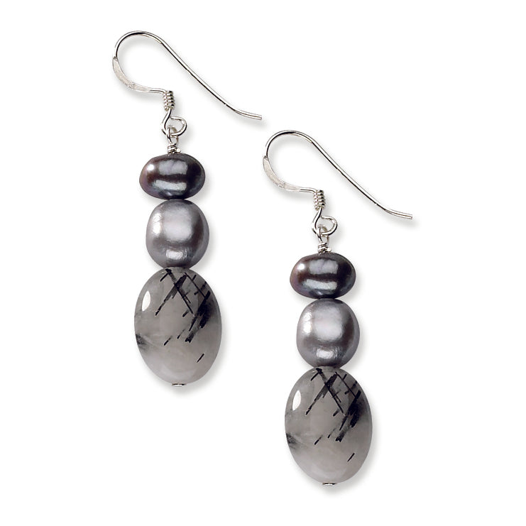 Sterling Silver Tourmalinated Quartz & Grey FW Cultured Pearl Earrings