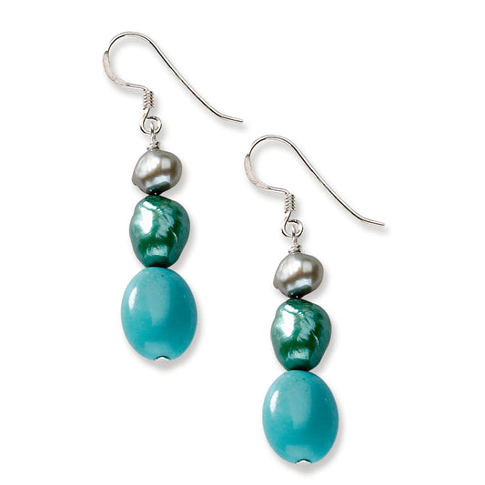Sterling Silver Green Turquoise/Green Freshwater Cultured Pearl Earrings