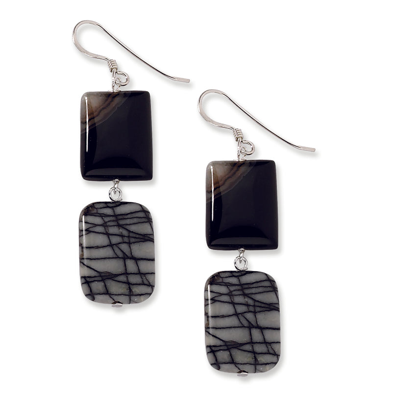 Sterling Silver Black Agate and Zebra Jasper Earrings