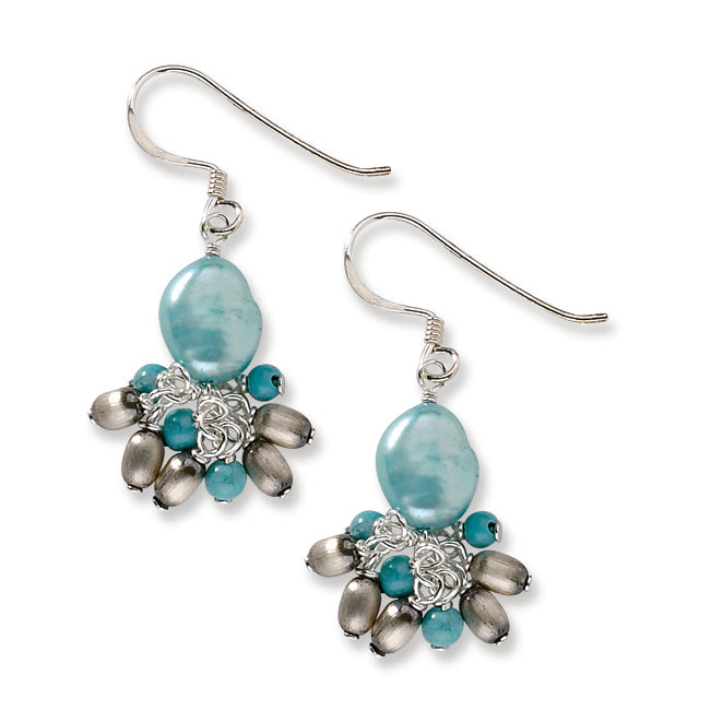 Sterling Silver Blue & Silver Beads/Blue Freshwater Cultured Pearl Earring