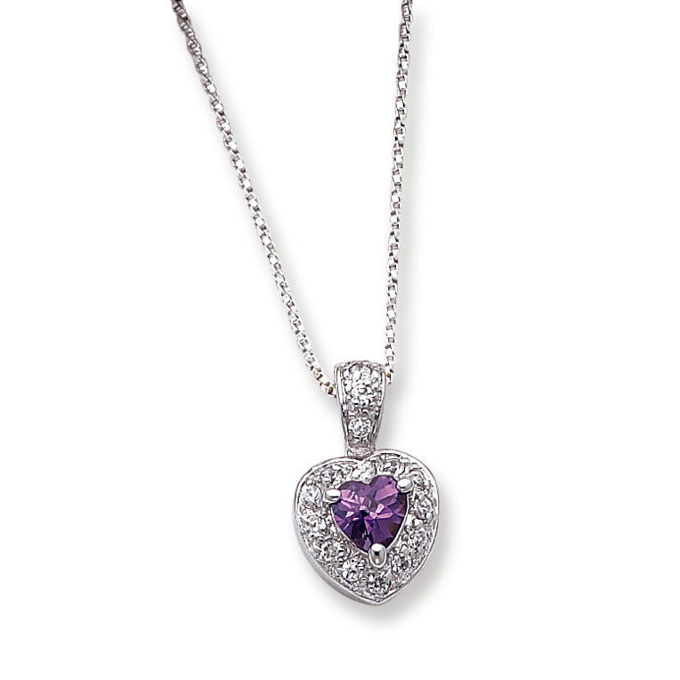 Sterling Silver Purple CZ Heart on 18 Chain Necklace