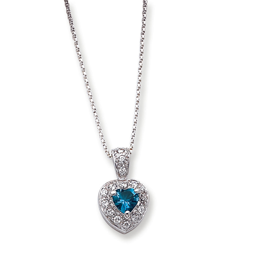 Sterling Silver Blue CZ Heart on 18 Chain Necklace