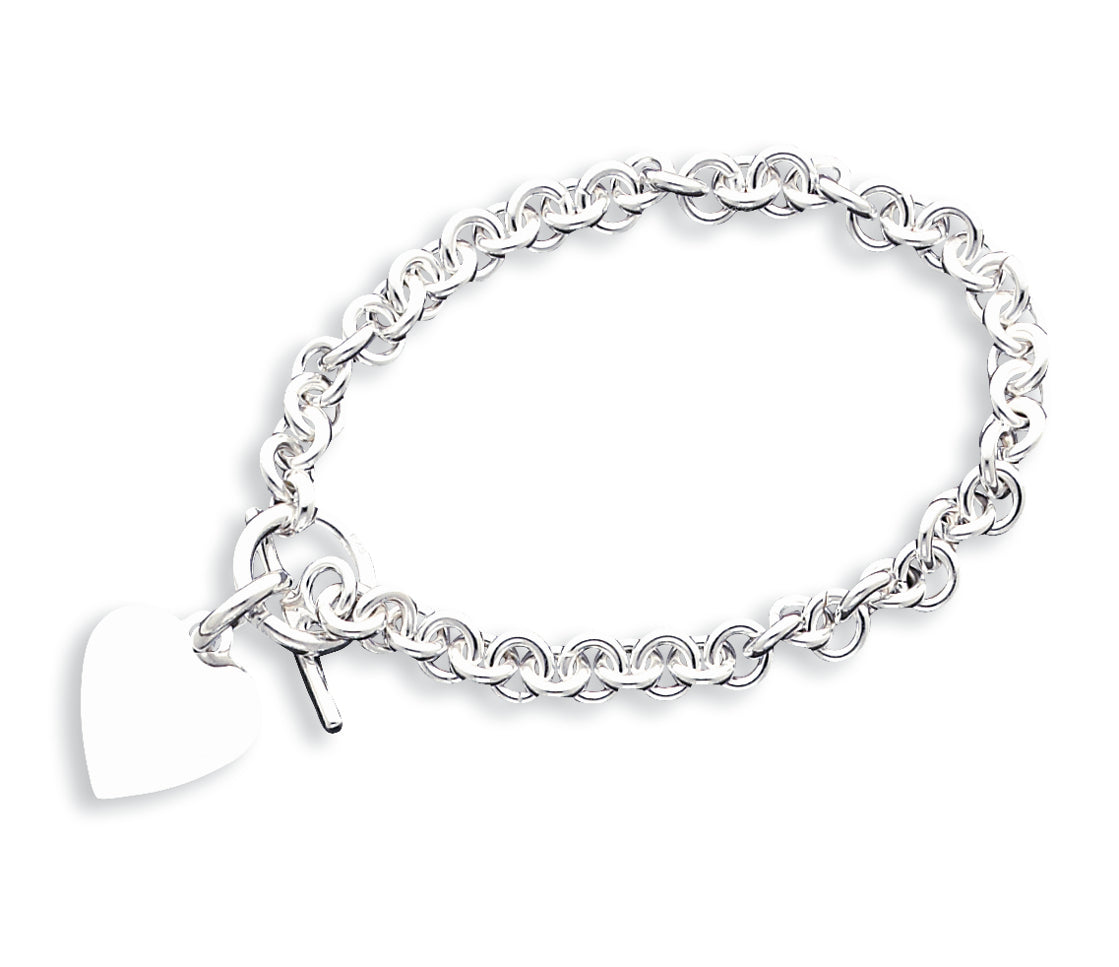 Sterling Silver Engraveable Heart Disc on Fancy Link Toggle Bracelet 8.75 Inches