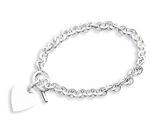 Sterling Silver Engraveable Heart Disc on Fancy Link Toggle Bracelet 8.75 Inches