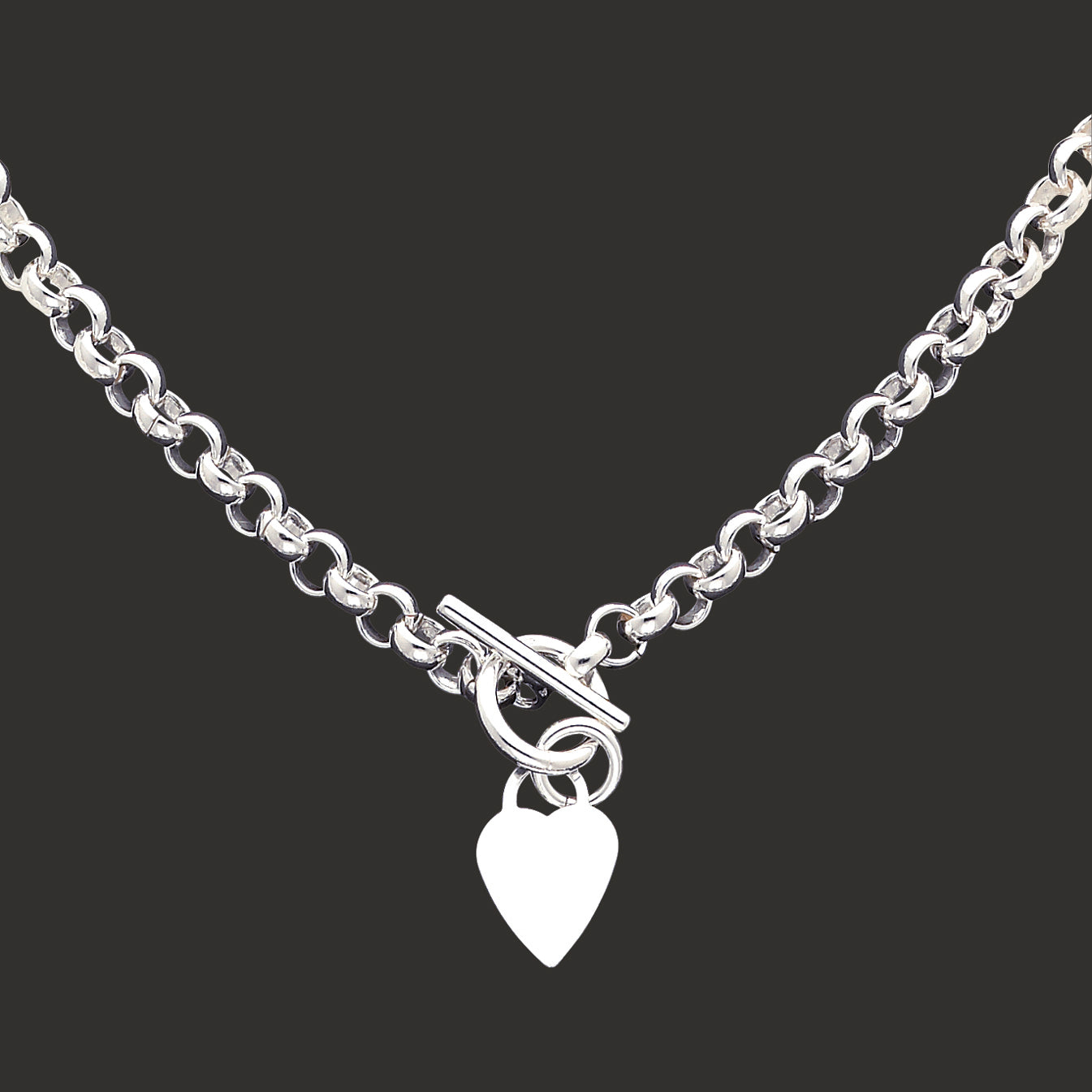 Sterling Silver Engraveable Heart Disc on Fancy Link Toggle Necklace 18 Inches