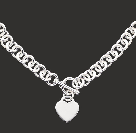 Sterling Silver Engraveable Heart Disc on Fancy Link Toggle Bracelet 8.75 Inches