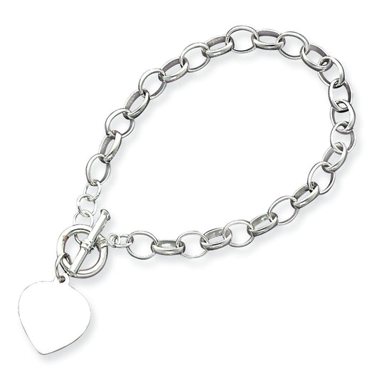 Sterling Silver Engraveable Heart Disc on Fancy Link Toggle Bracelet 7.5 Inches