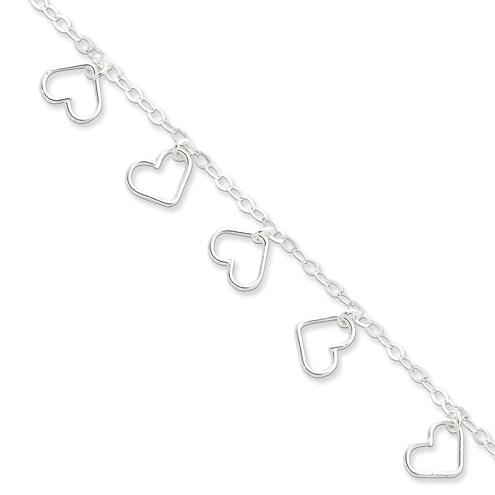 Sterling Silver 7inch Polished Dangling Cut-out Hearts Bracelet 7 Inches