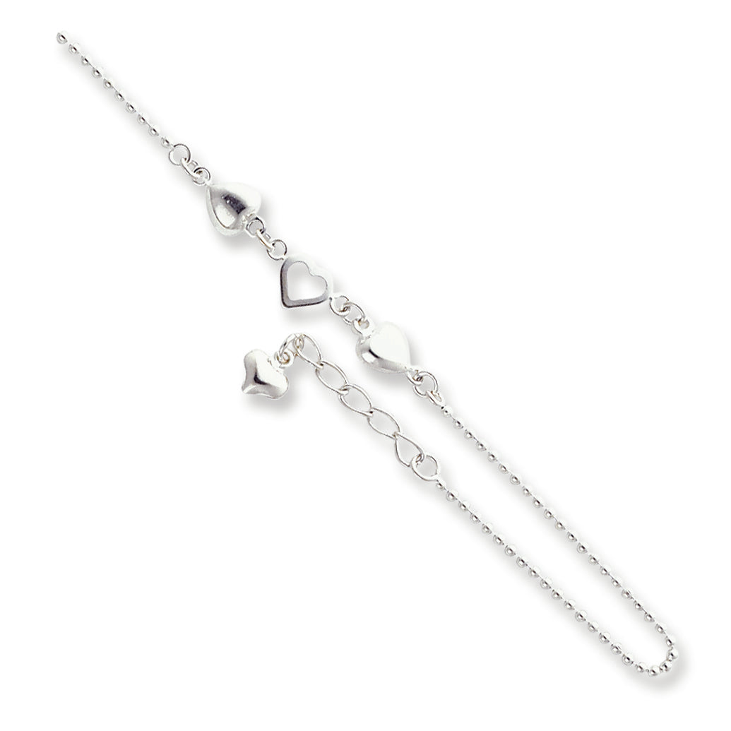 Sterling Silver 10inch Polished Hearts Anklet 10 Inches
