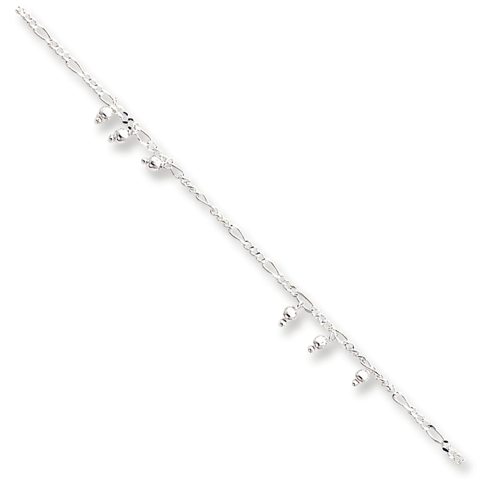 Sterling Silver 10inch Polished Beaded Figaro Anklet 10 Inches