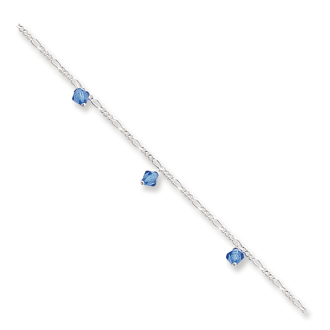 Sterling Silver 10inch Polished Blue Crystals Beaded Figaro Anklet 10 Inches