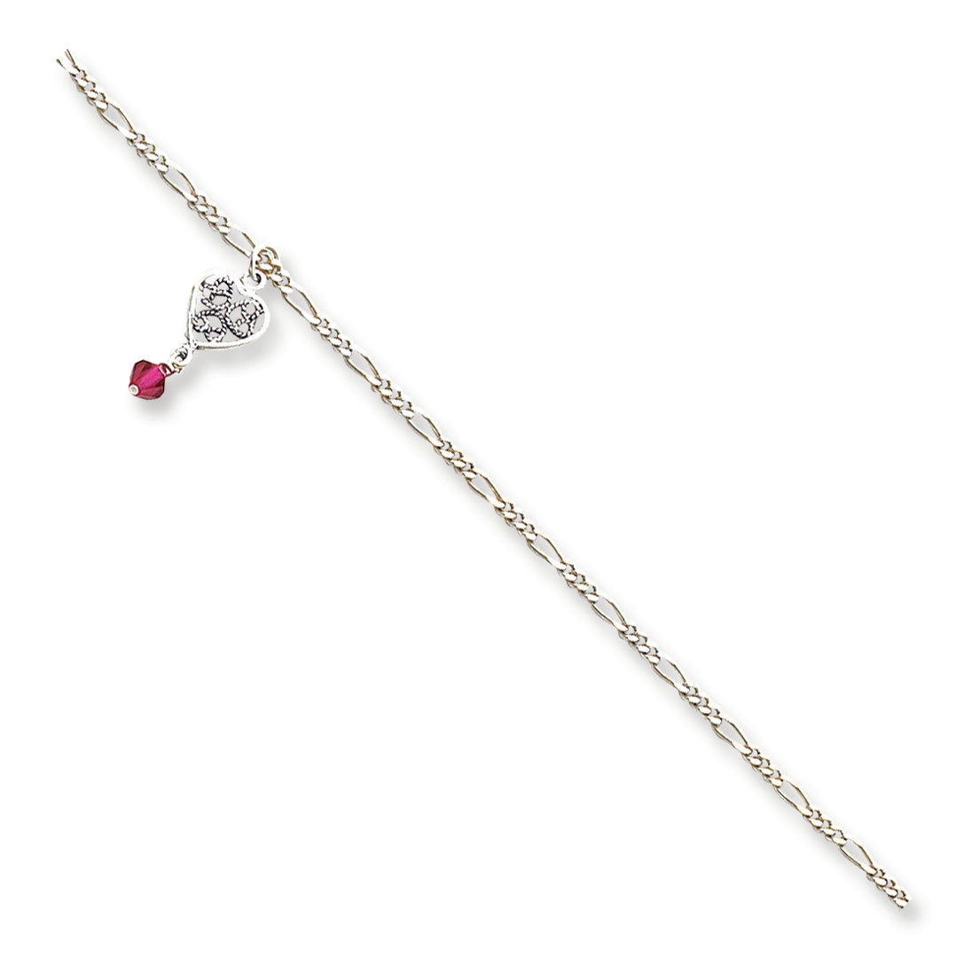 Sterling Silver Antiqued Dark Pink Crystals Dangling Hearts Anklet 10 Inches