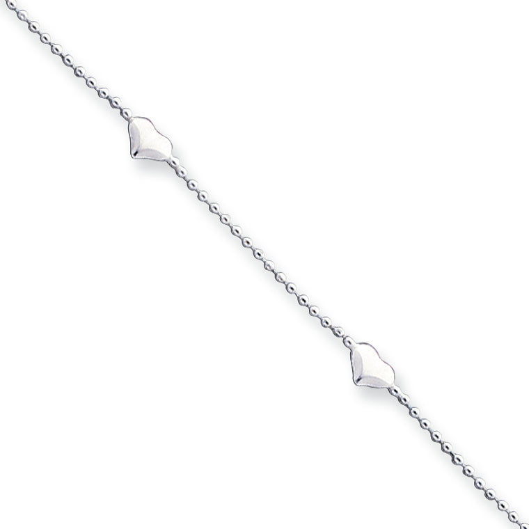 Sterling Silver 10inch Polished Puffed Heart Anklet 10 Inches