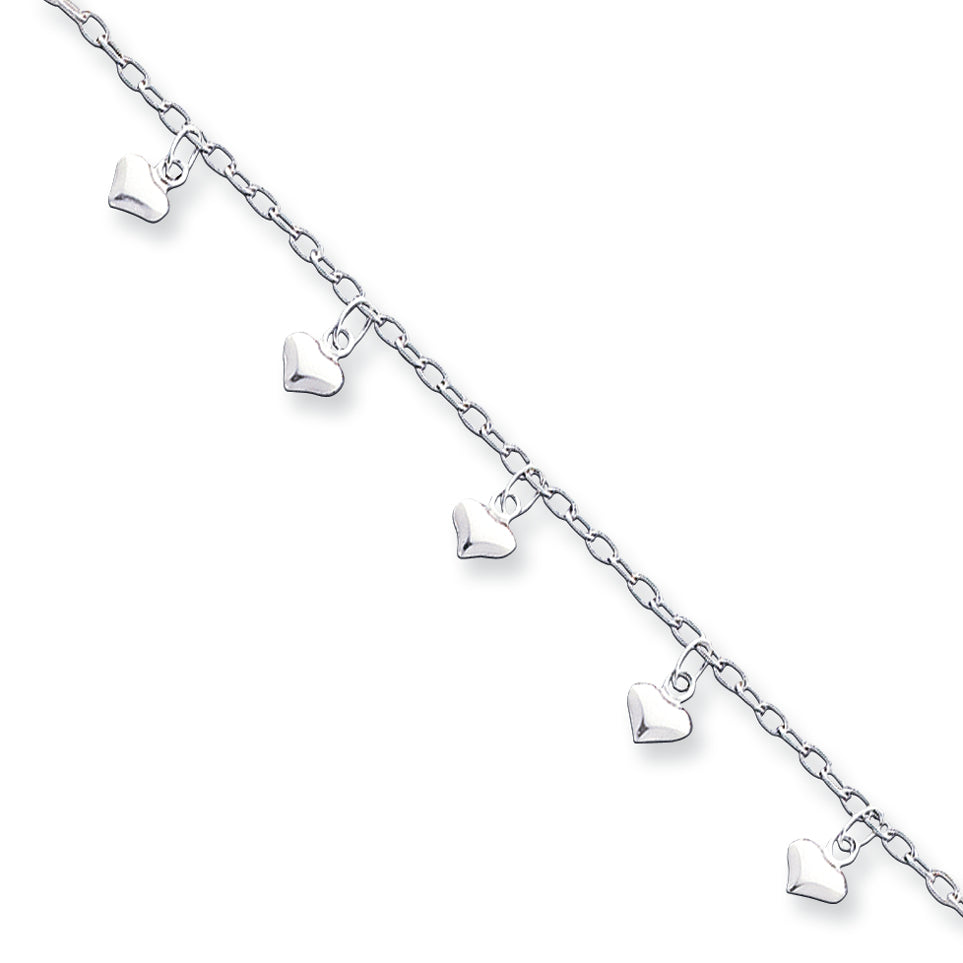 Sterling Silver 9inch Polished Puffed Heart Anklet 9 Inches