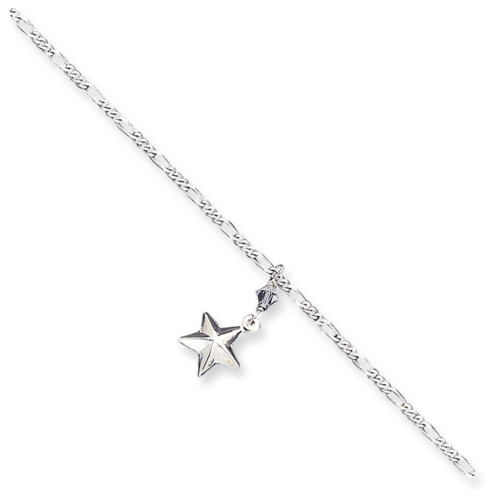 Sterling Silver 10inch Polished Crystal & Dangling Star Figaro Anklet 10 Inches