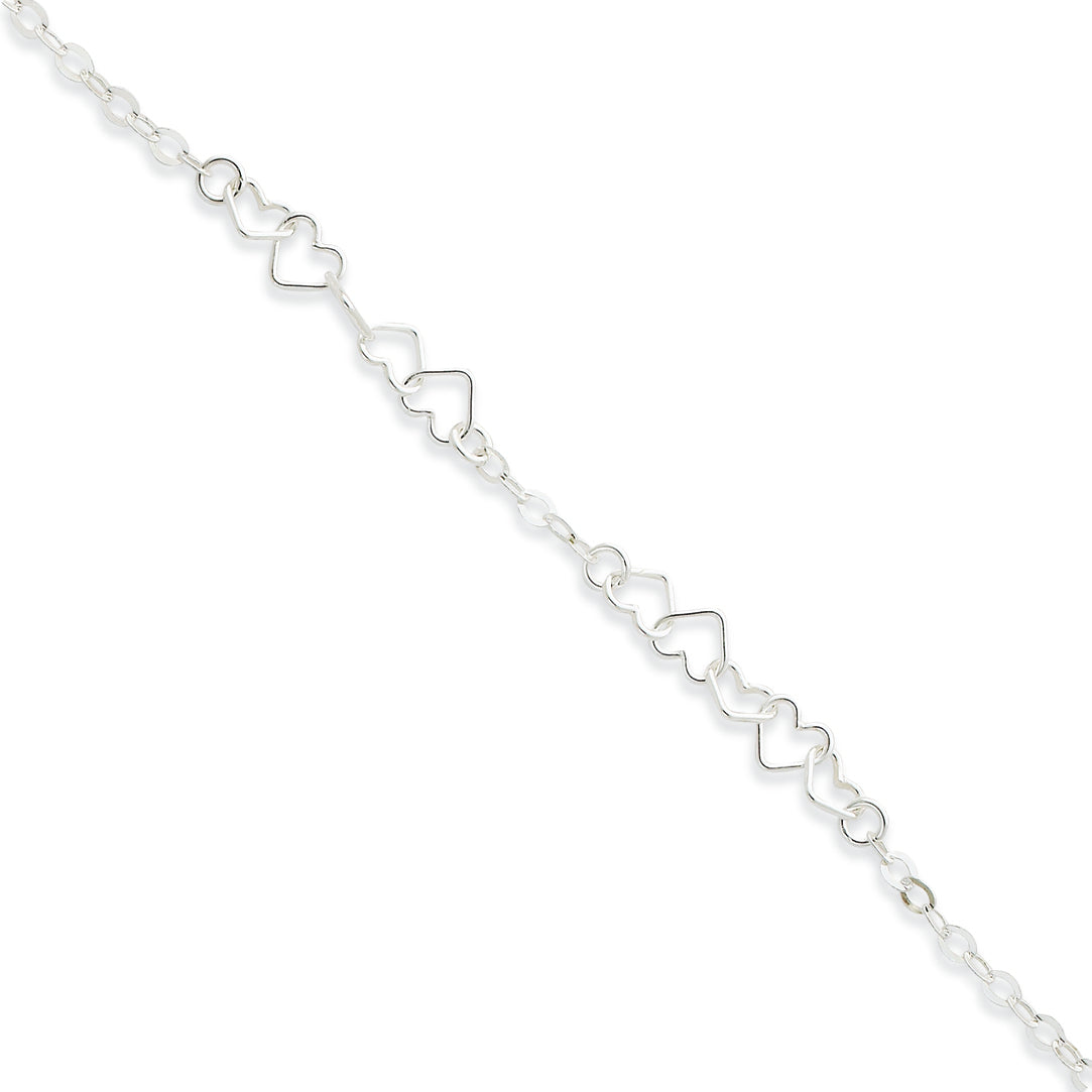 Sterling Silver 10inch Polished Fancy Heart Link Anklet 10 Inches