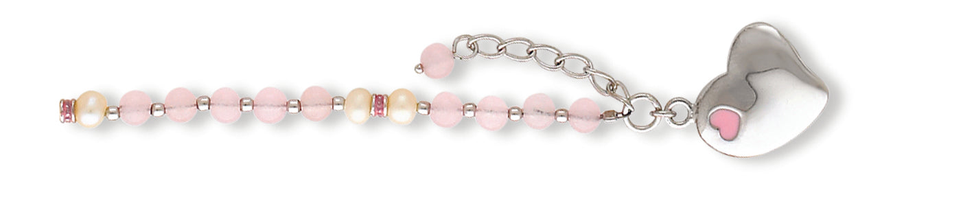 Sterling Silver Pearl and Rose Quartz Childs Heart Bracelet 6 Inches