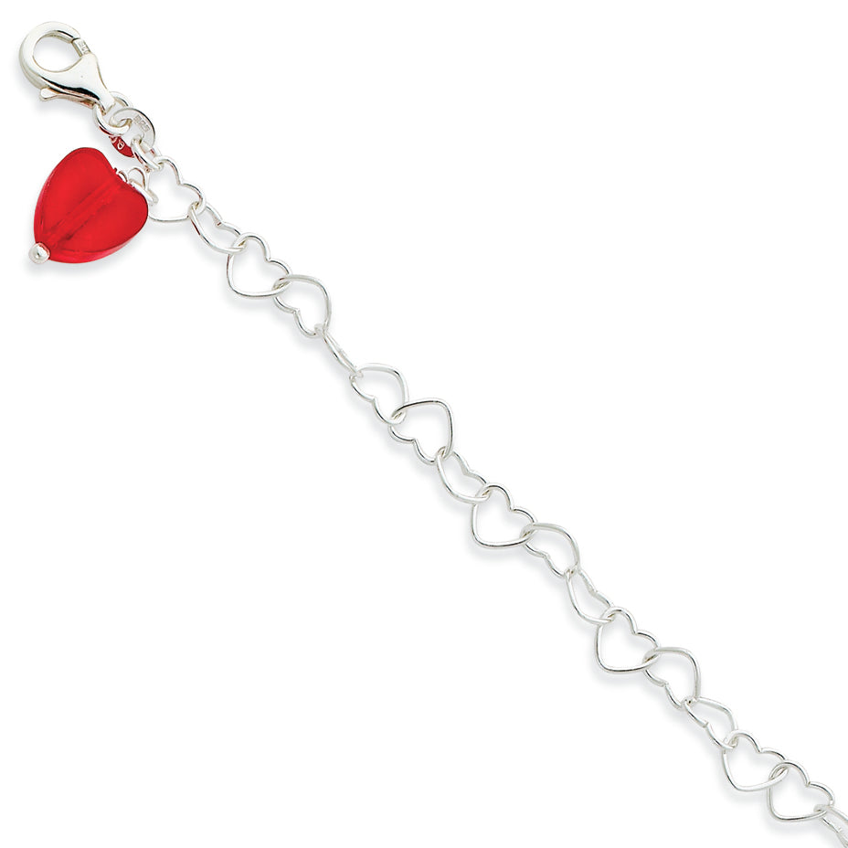 Sterling Silver Red Crystal Heart Link Anklet 10 Inches