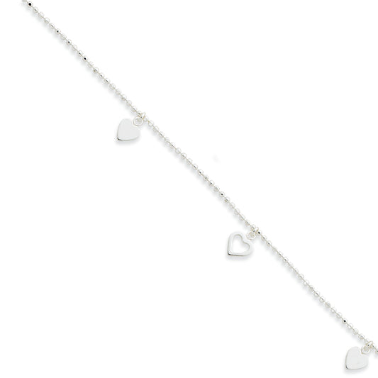 Sterling Silver Heart Charm Bead Anklet 9 Inches