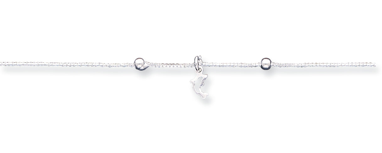 Sterling Silver Box Chain with Dolphin Anklet 9 Inches