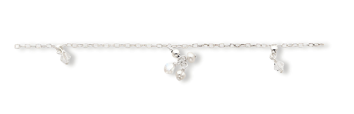 Sterling Silver White Pearl/Aurore Boreale Crystal Anklet 9 Inches