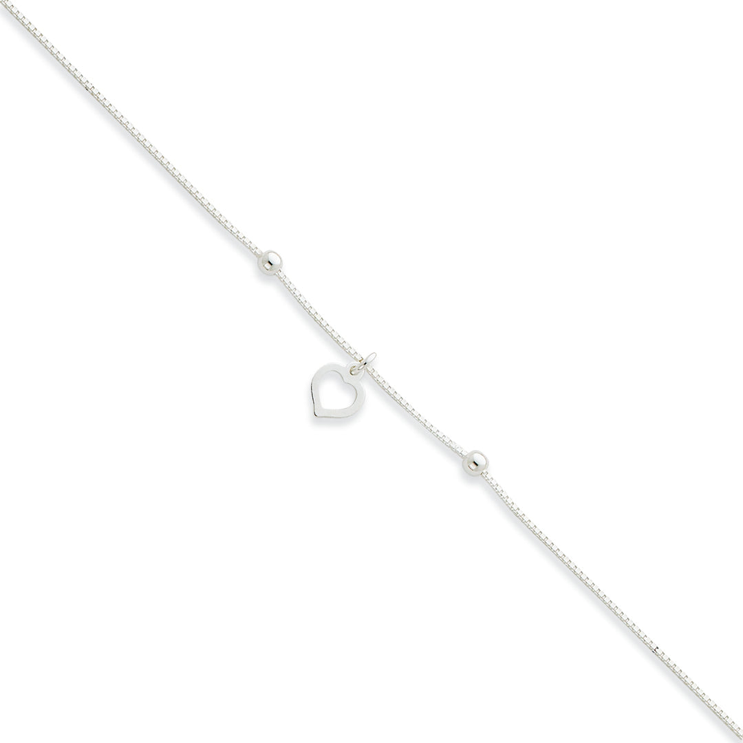 Sterling Silver Box Chain With Heart Anklet 9 Inches