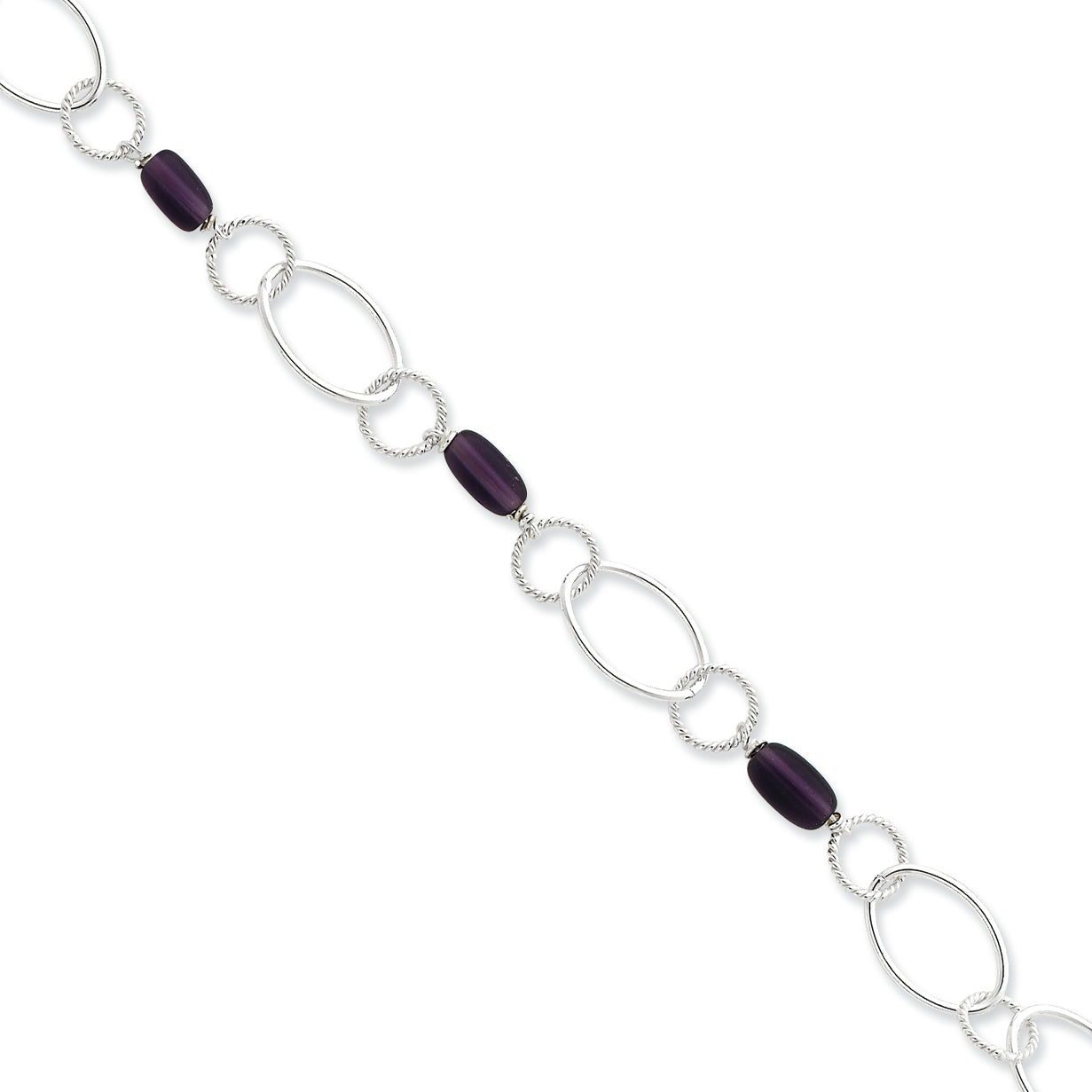 Sterling Silver Purple Crystal Fancy Link 7.5 Inches