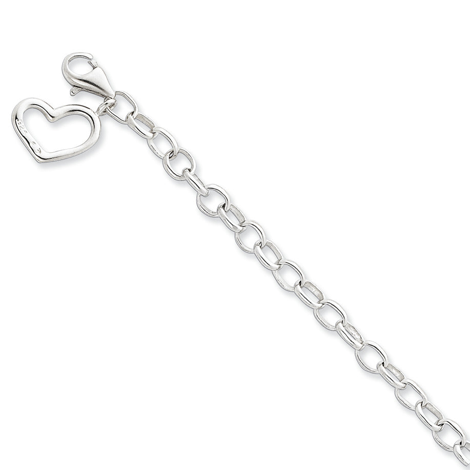 Sterling Silver Small Oval Rolo Link with Heart Bracelet 7 Inches