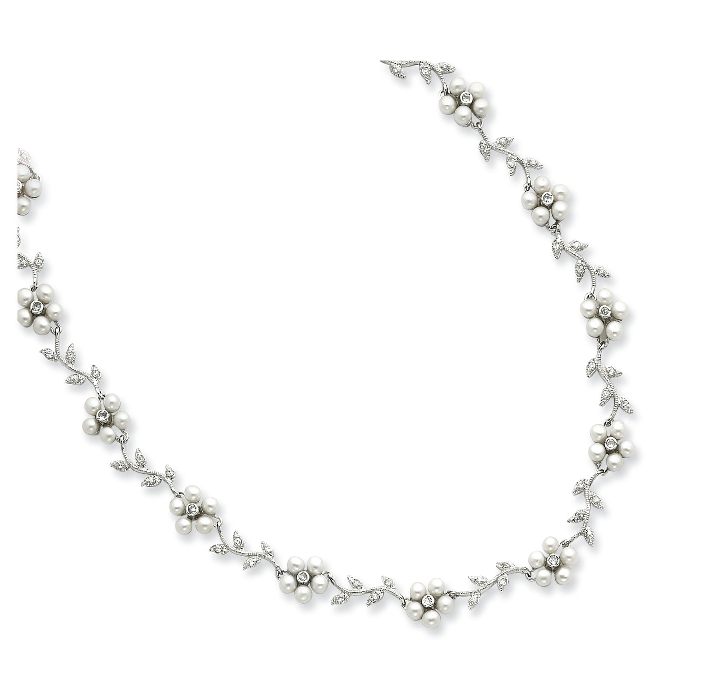 Sterling Silver Pearl and CZ Floral Necklace 16 Inches