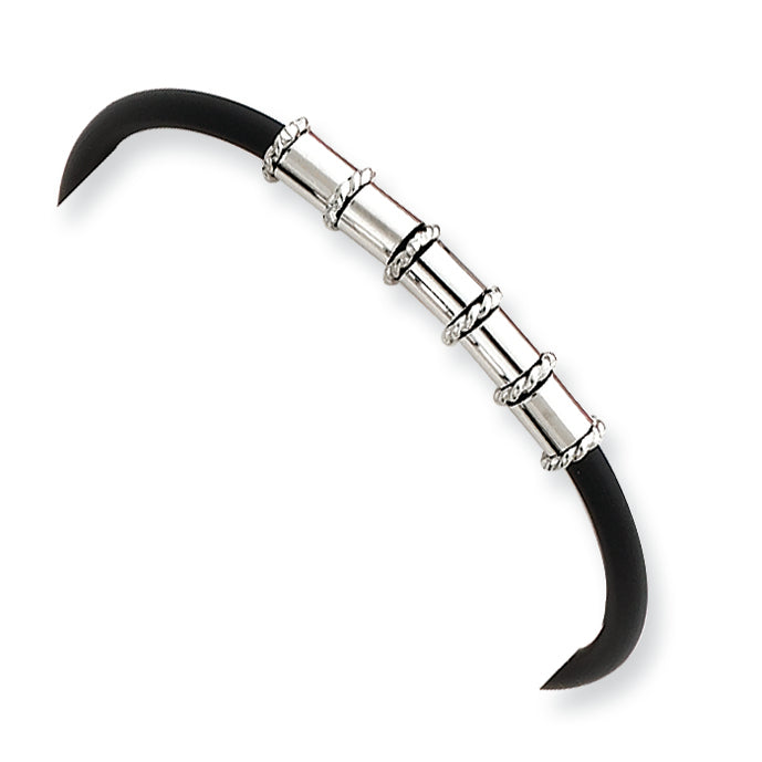 Sterling Silver Beaded Black Rubber Bracelet 7 Inches