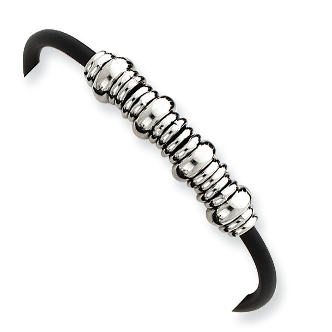 Sterling Silver Beaded Black Rubber Bracelet 7 Inches