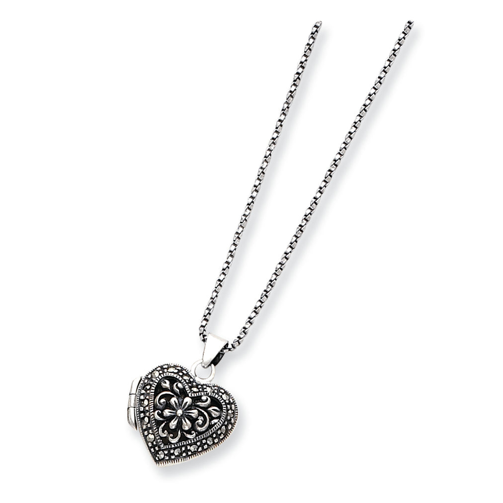 Sterling Silver Marcasite Heart Locket w/Chain Necklace