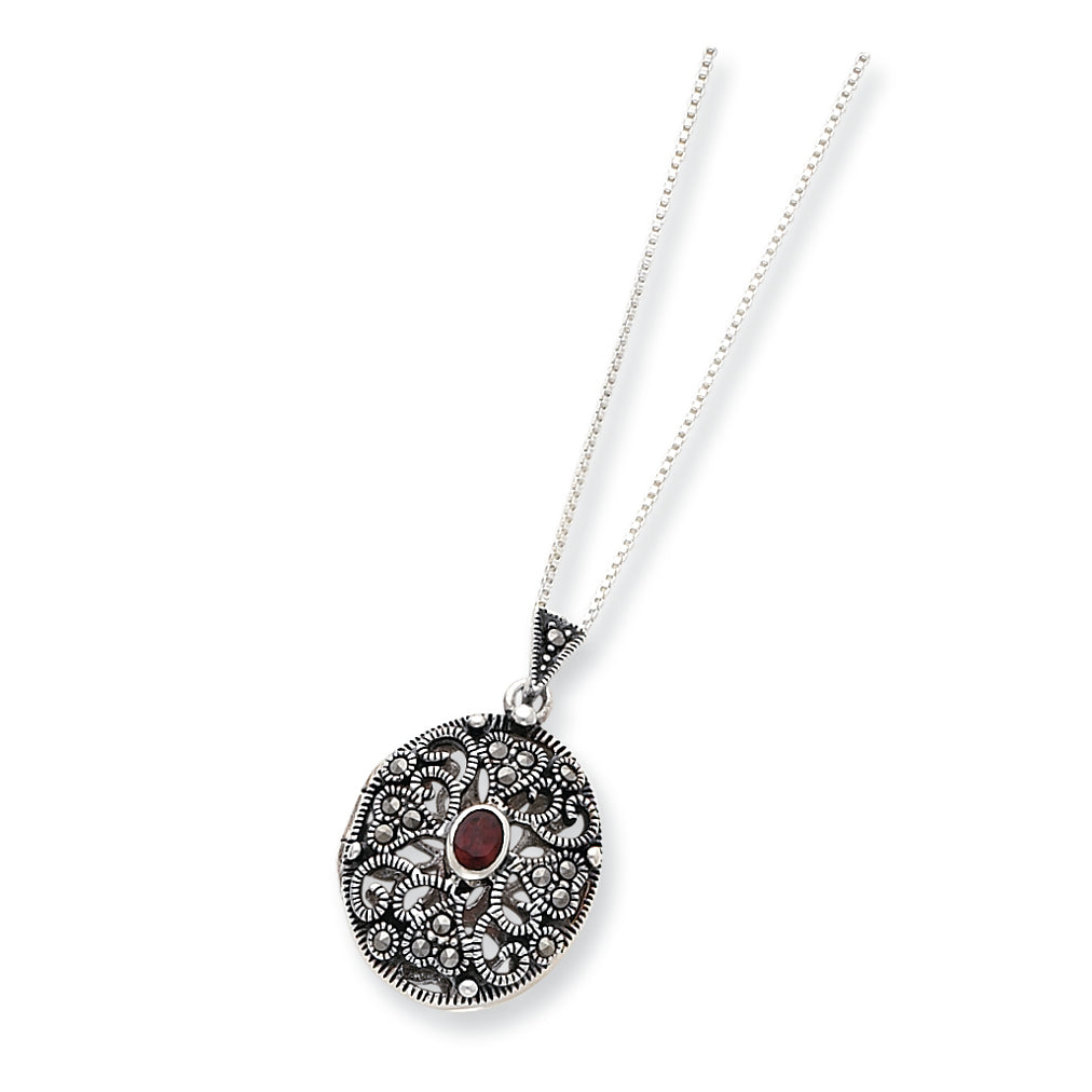 Sterling Silver Marcasite & Garnet Locket w/Chain