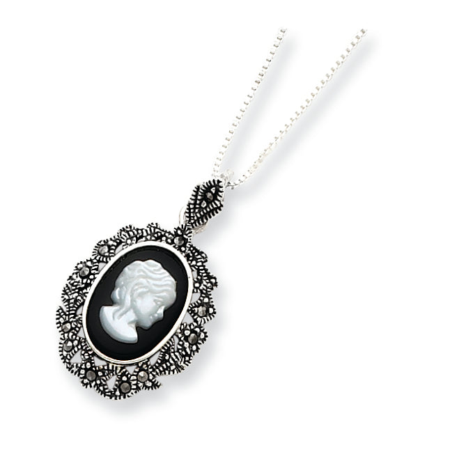 Sterling Silver Marcasite, Onyx & Mother of Pearl Cameo Necklace"